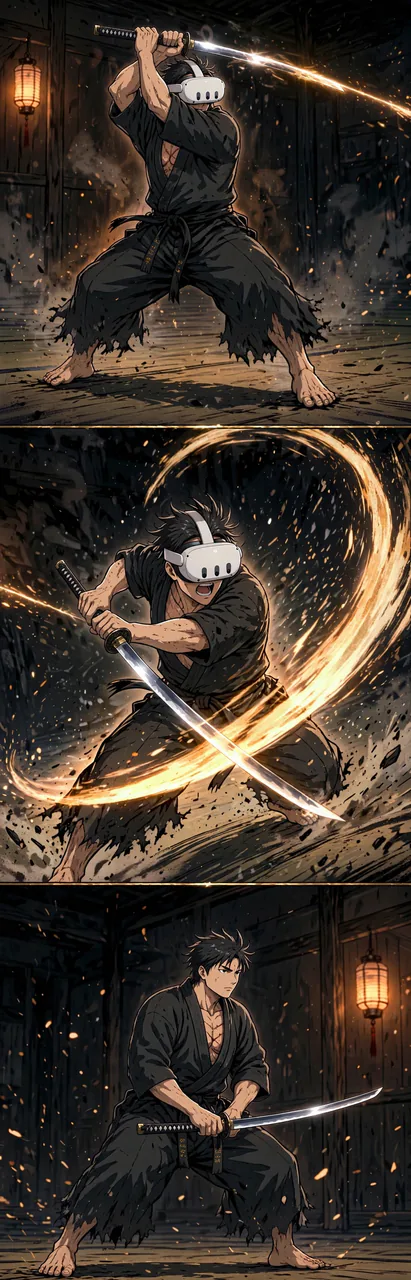 Three-panel illustration of Masaru performing an honest katana cut in the dojo: guard, commitment, and finish.