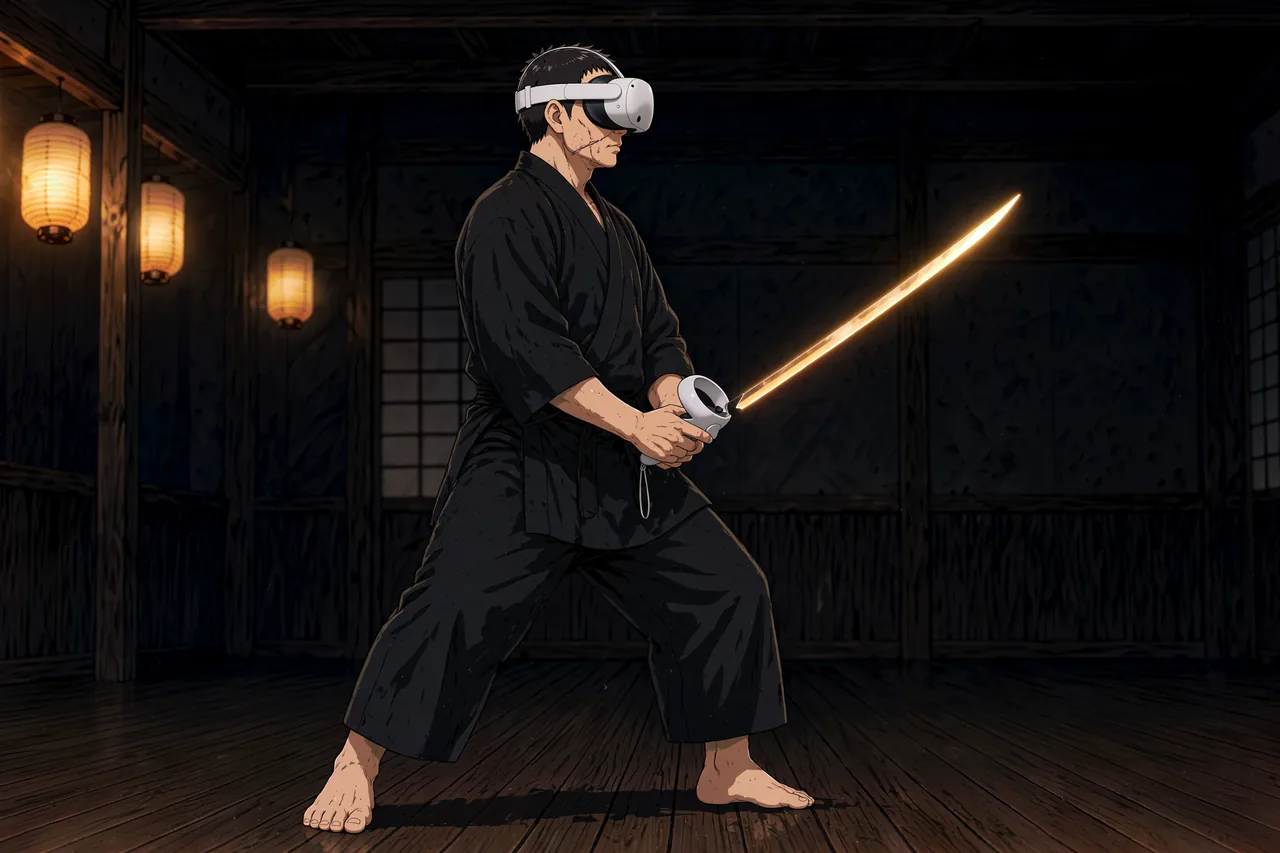Illustration of Masaru holding chudan guard, blade pointed to center, before starting a cut.