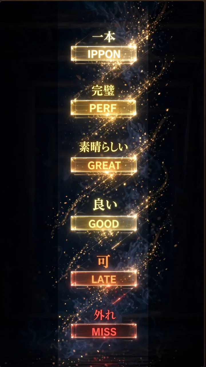 Illustration of the dojo's judgment marks, from a silent miss to a gold-flashing ippon strike.
