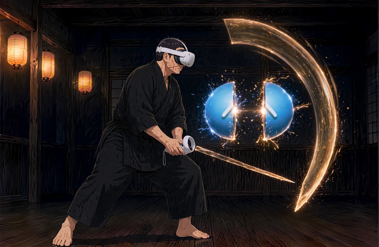 Stylized render of the dojo environment with a glowing spherical rhythm target hovering at its center.