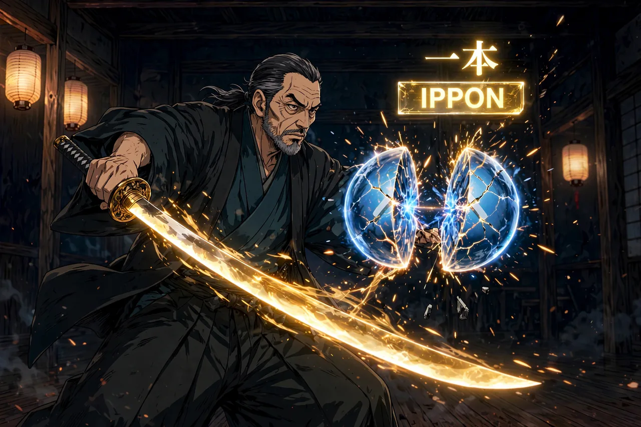 Illustration of a katana blade glowing from steel to gold as a chain of clean cuts builds a combo.