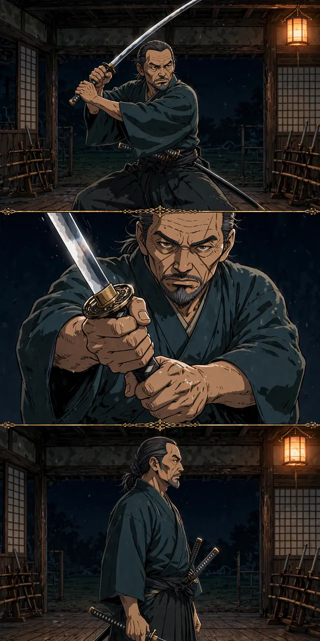 Diagram-style illustration representing kamae (guard), tenouchi (grip at impact), and zanshin (awareness after the cut) as three moments of one sword strike.